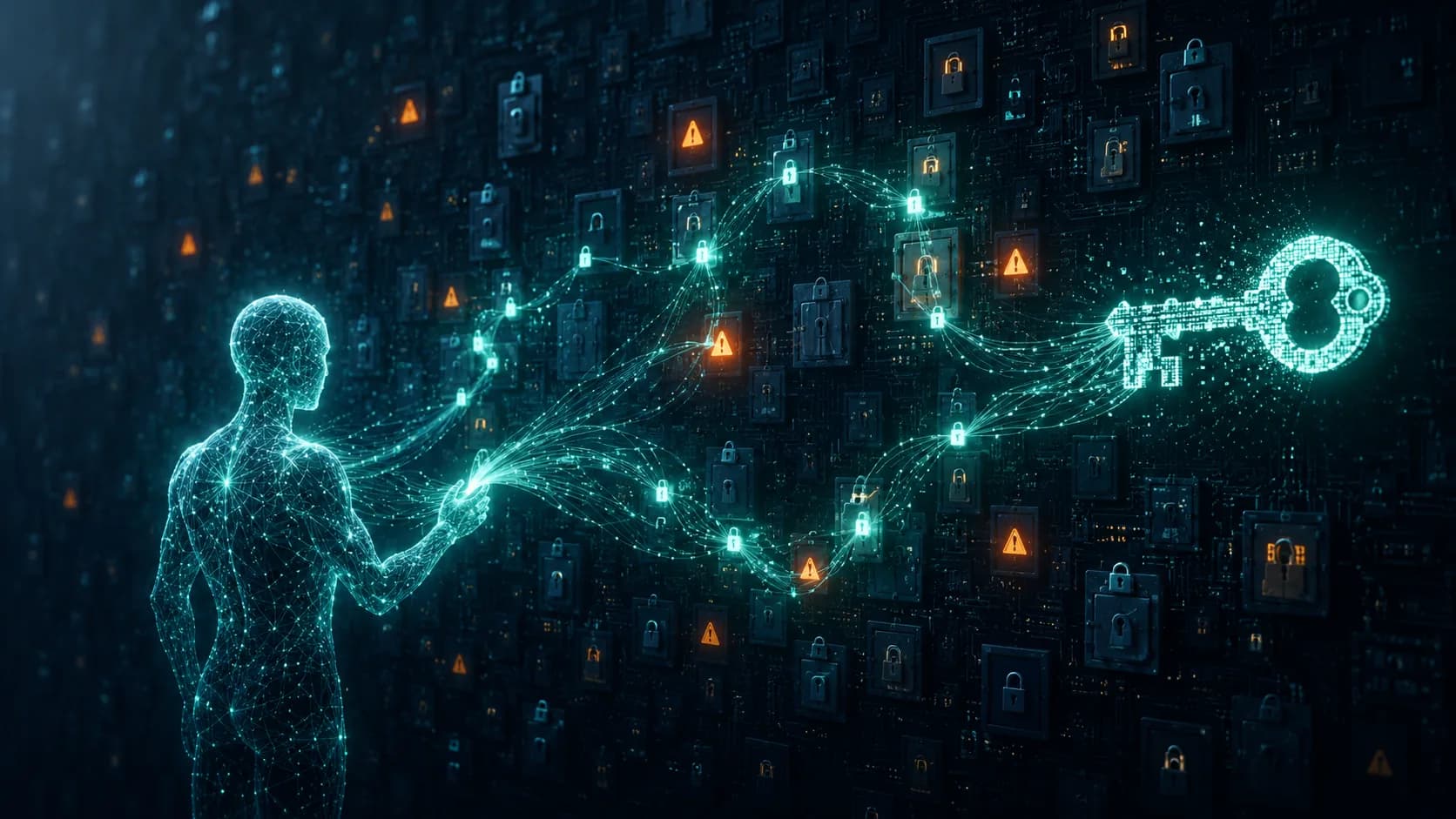 Une figure d'IA tissée de lignes lumineuses de réseau neuronal enchaîne des milliers de cadenas de vulnérabilités logicielles distincts en un unique chemin d'exploitation lumineux qui converge vers un passe-partout
