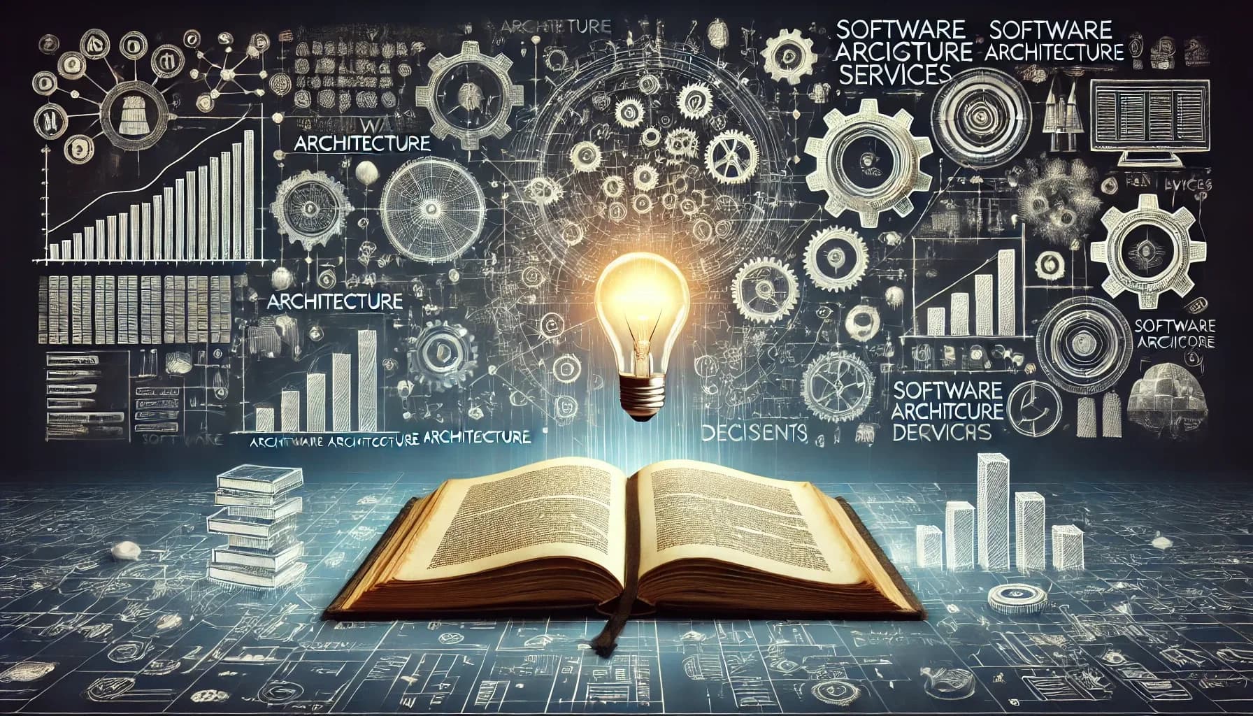 Aufgeschlagenes Buch mit leuchtender Glühbirne, umgeben von Softwarearchitektur-Diagrammen, Zahnrädern und Grafiken