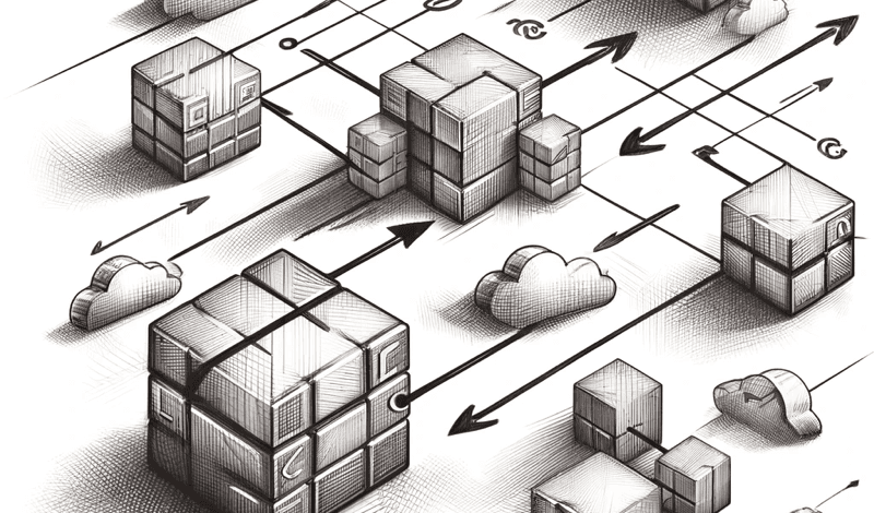 Skizzenhafte Darstellung von Serverblöcken, die mit Pfeilen und Cloud-Elementen verbunden sind