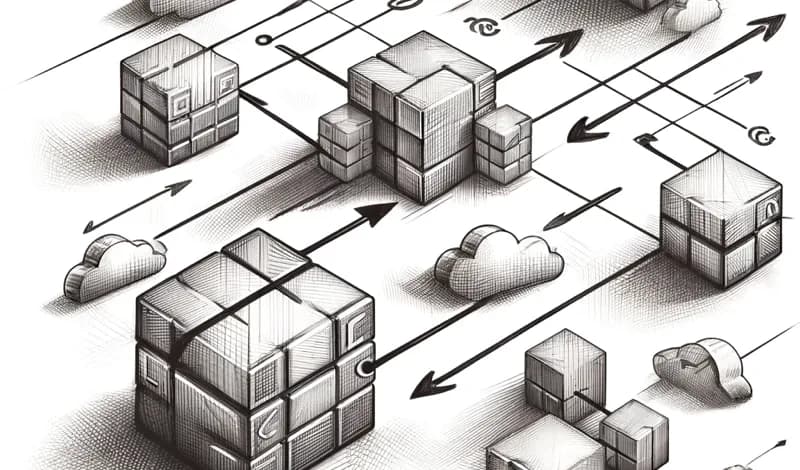 Skizzenhafte Darstellung von Serverblöcken, die mit Pfeilen und Cloud-Elementen verbunden sind