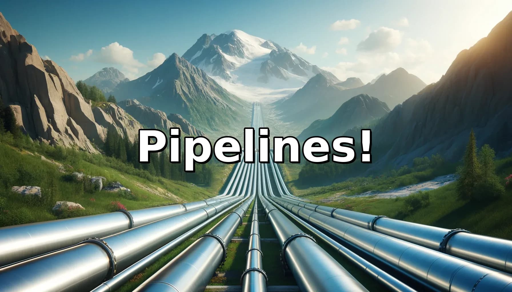 Berglandschaft mit Pipelines, die durch ein Tal verlaufen