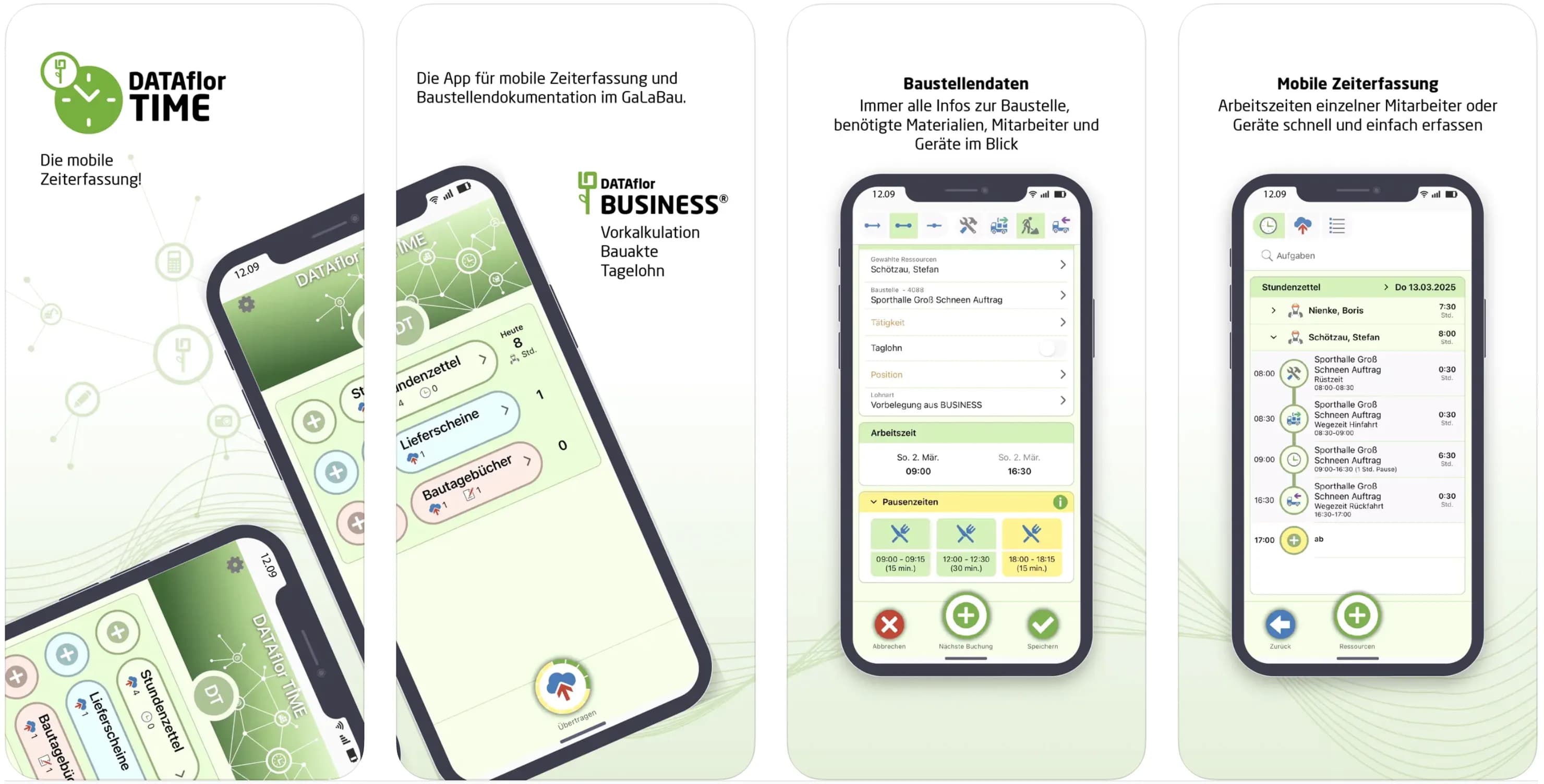Screenshots der DATAflor TIME App für mobile Zeiterfassung und Baustellendokumentation