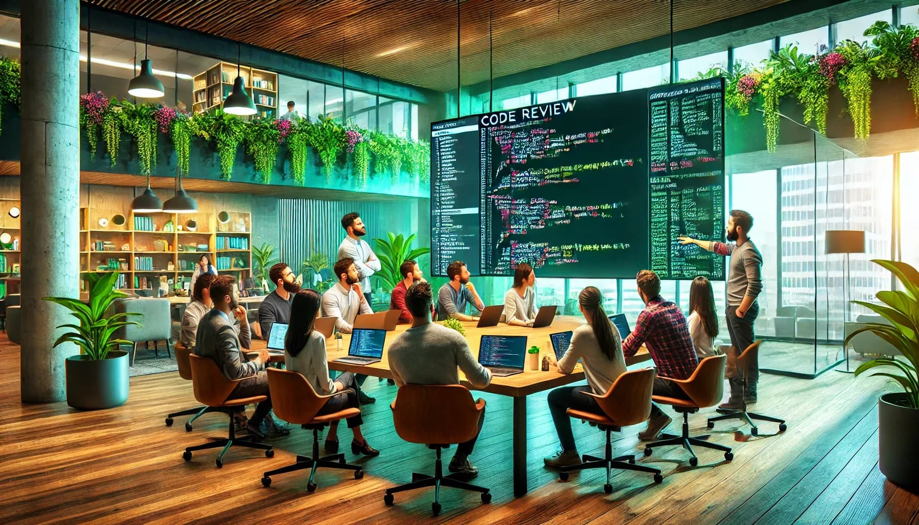 Teammeeting in modernem Büro mit Code-Review auf großem Bildschirm