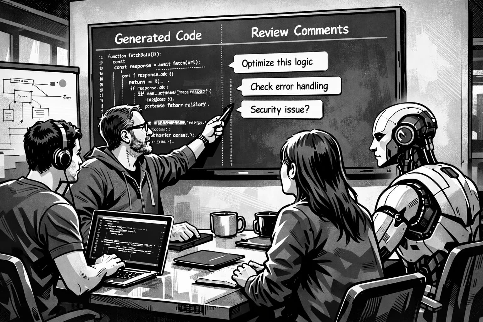 Teammeeting in modernem Büro mit Code-Review auf großem Bildschirm ein Roboter sitzt mit am Tisch