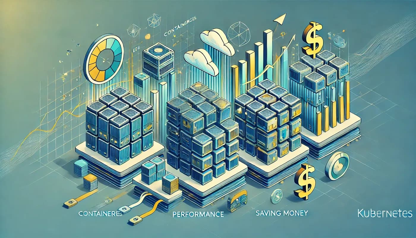 Isometrische Darstellung von Containern, Performance-Grafiken und Kubernetes mit Dollarzeichen für Kosteneinsparungen