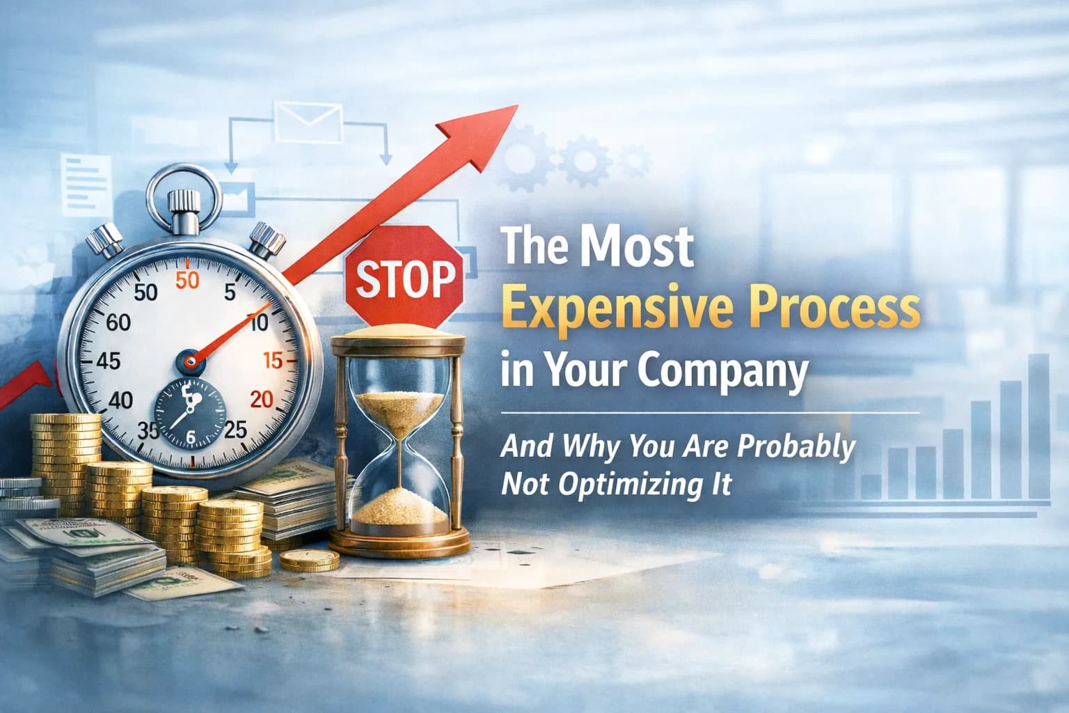 Stopwatch, hourglass, coins and charts representing process optimization and cost reduction