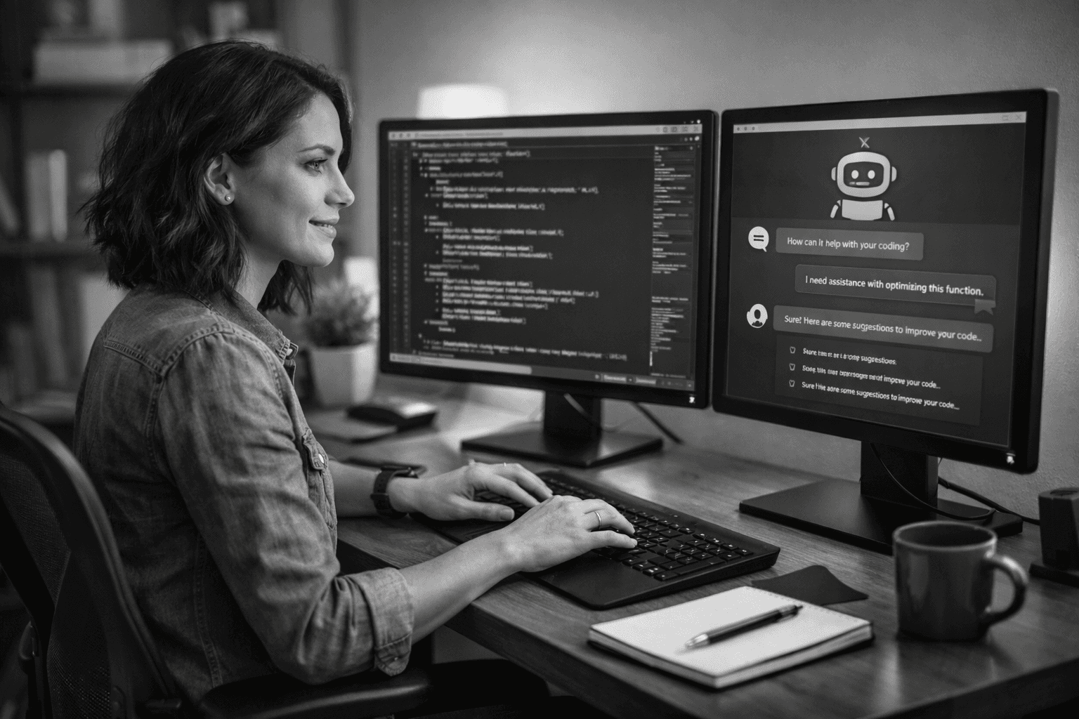 Entwickler*in arbeitet am Computer mit KI-Assistenten-Visualisierung