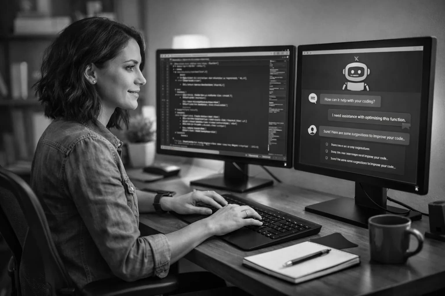 Entwickler*in arbeitet am Computer mit KI-Assistenten-Visualisierung