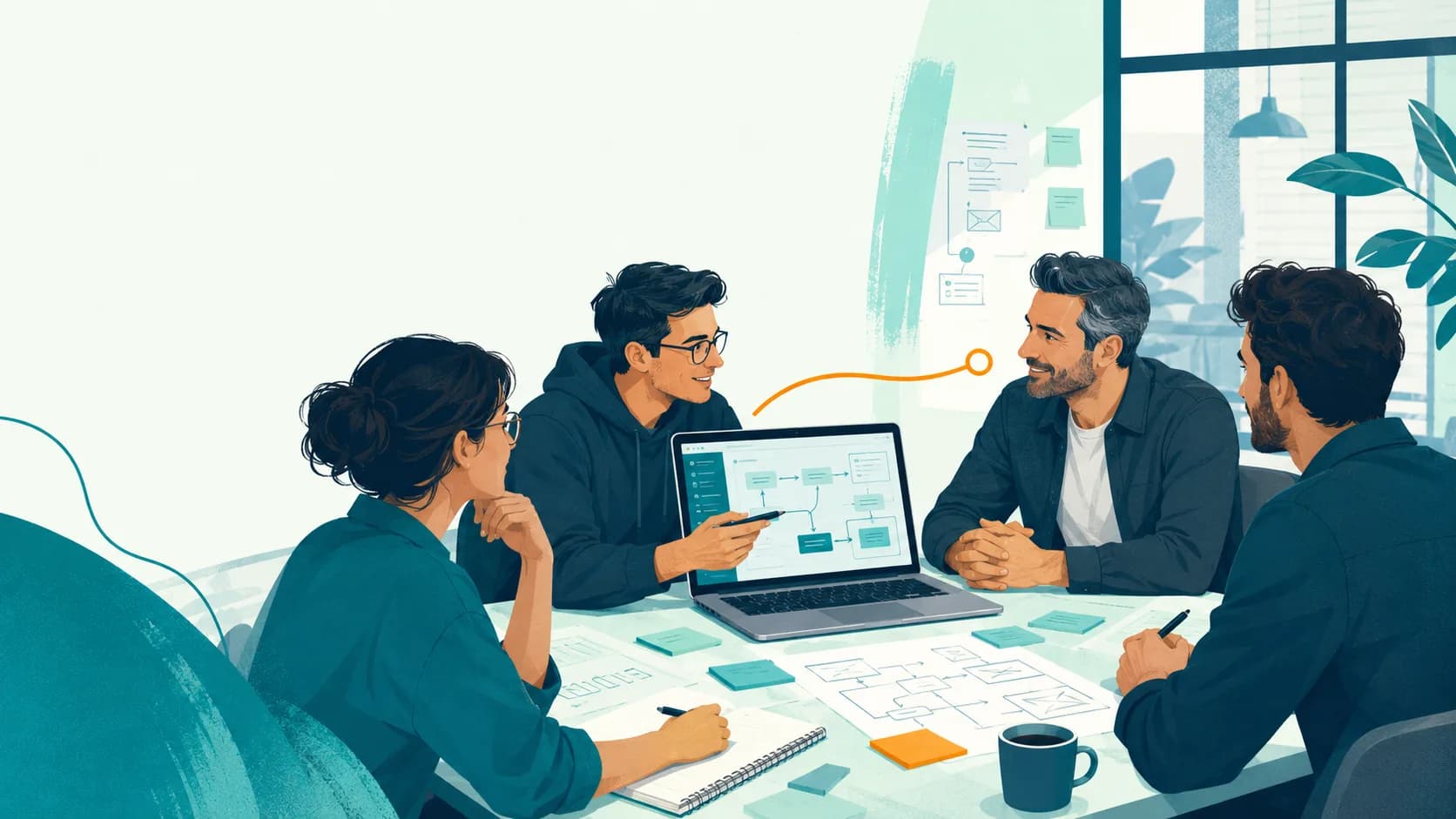 Fokussiertes Softwareteam und ein Mittelständler arbeiten gemeinsam an einem Tisch an einer individuellen Geschäftsanwendung