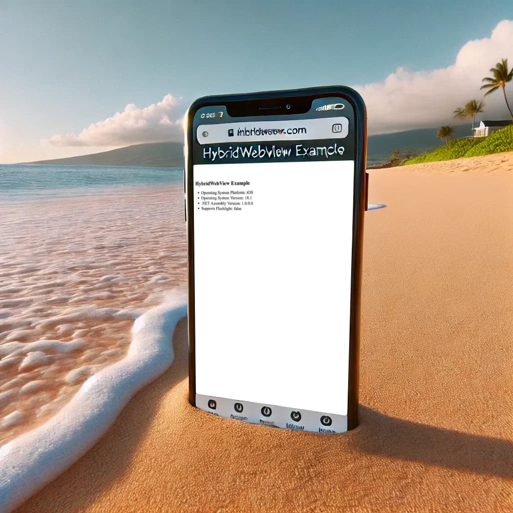Smartphone am Strand mit HybridWebView-Beispiel-App