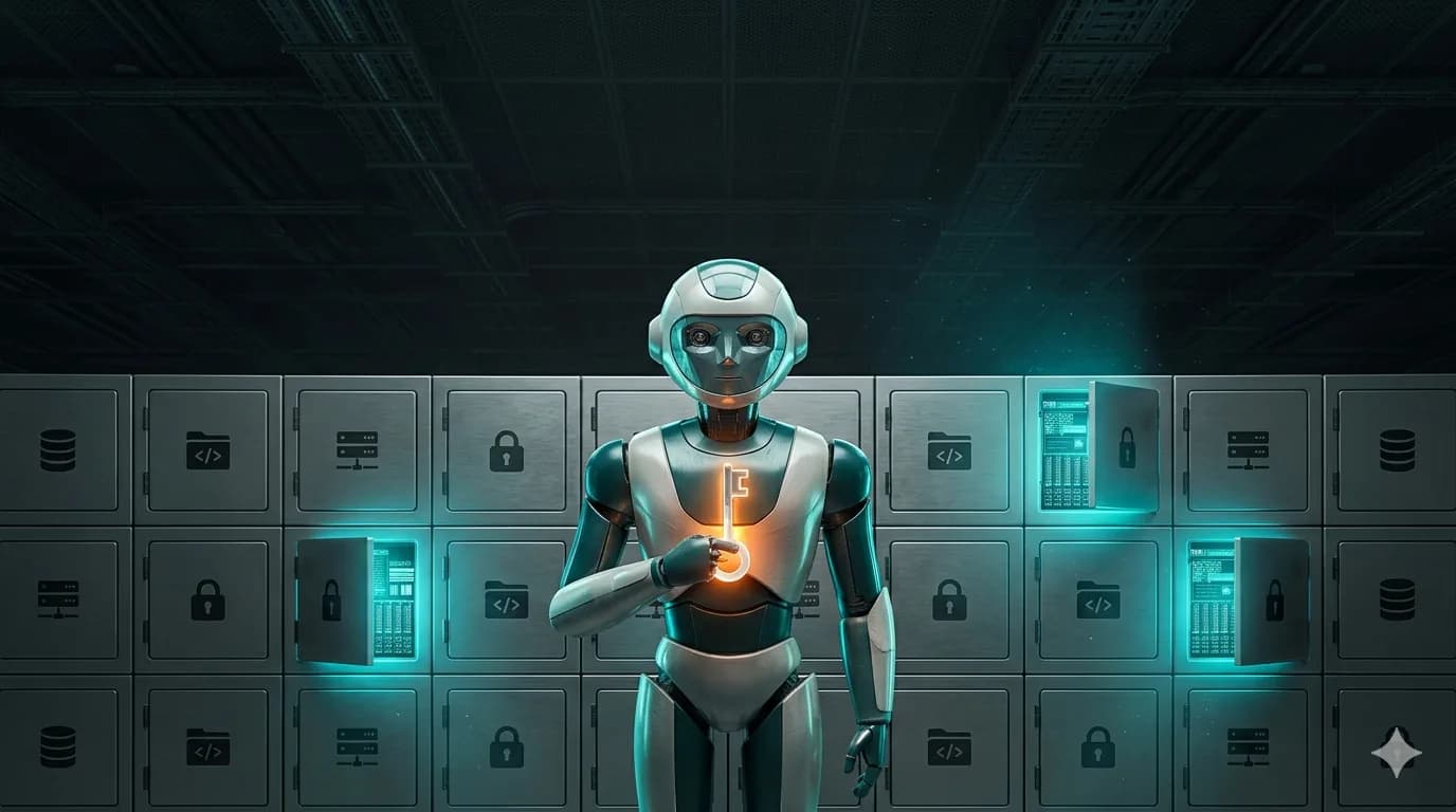 Ein KI-Agent mit einem Generalschlüssel vor einer Wand aus verschlossenen Türen zu Datenbanken, Repositories und internen Systemen
