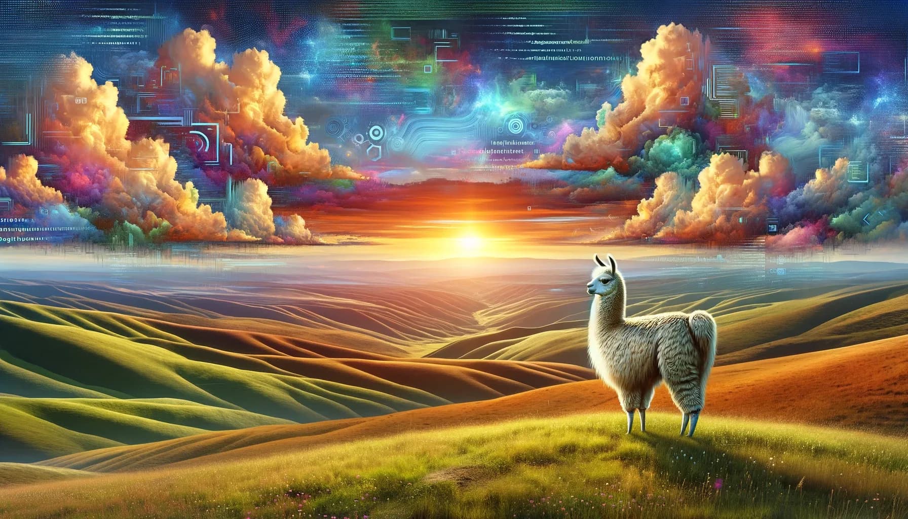 Lama in farbenfroher Landschaft mit Sonnenuntergang und digitalen Elementen am Himmel