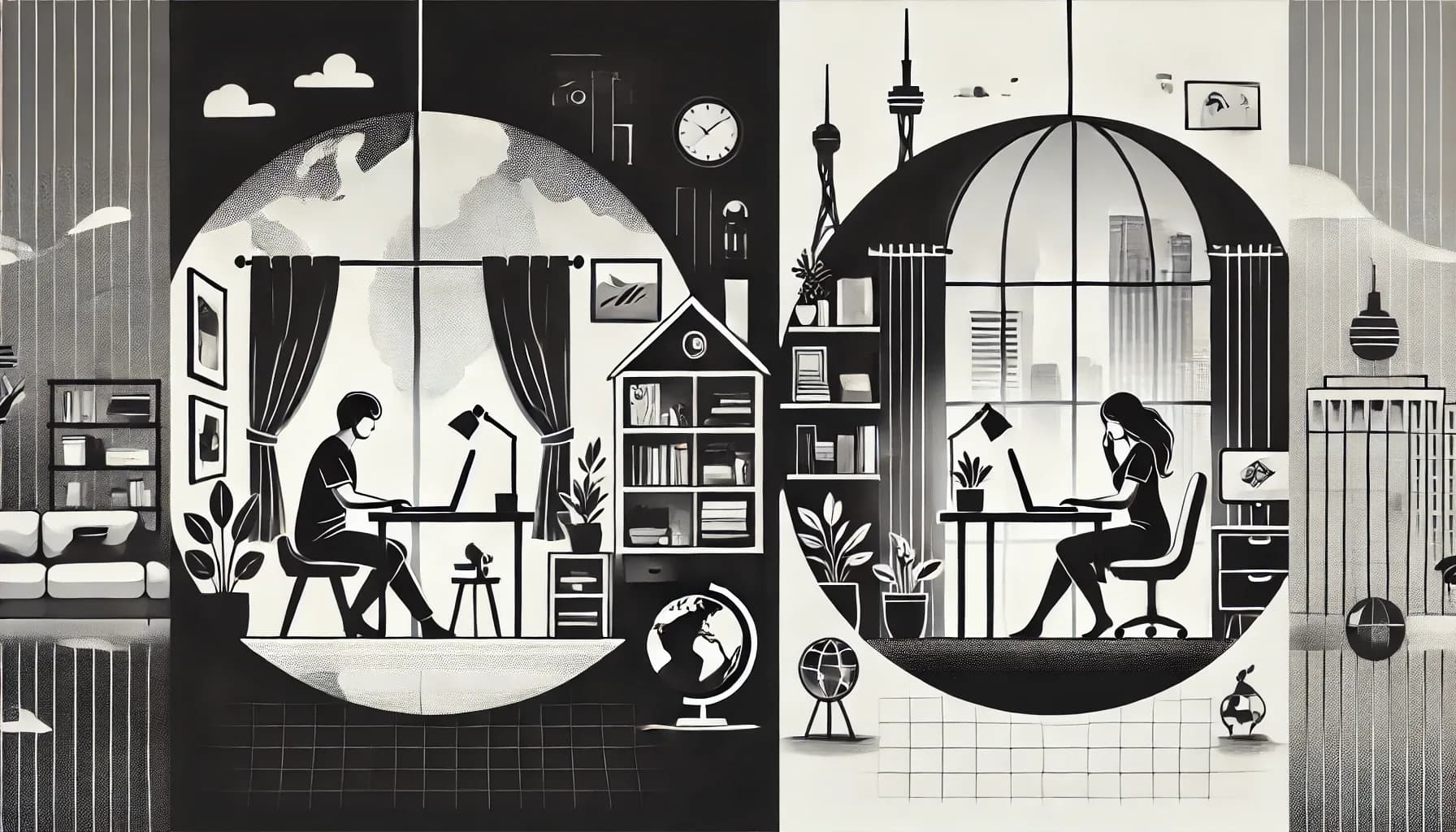Geteilte Illustration von zwei Personen, die remote aus verschiedenen Homeoffices arbeiten