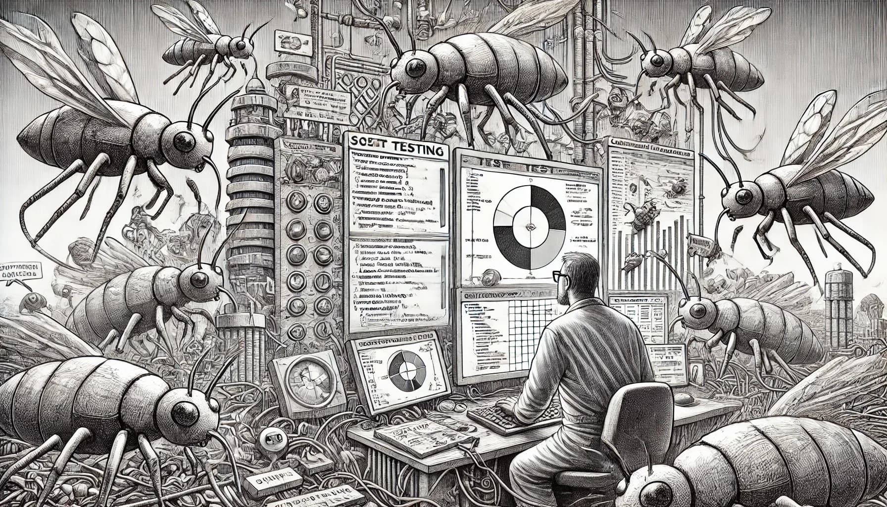 Entwickler umgeben von Käfer-Insekten beim Betrachten von Test-Dashboards