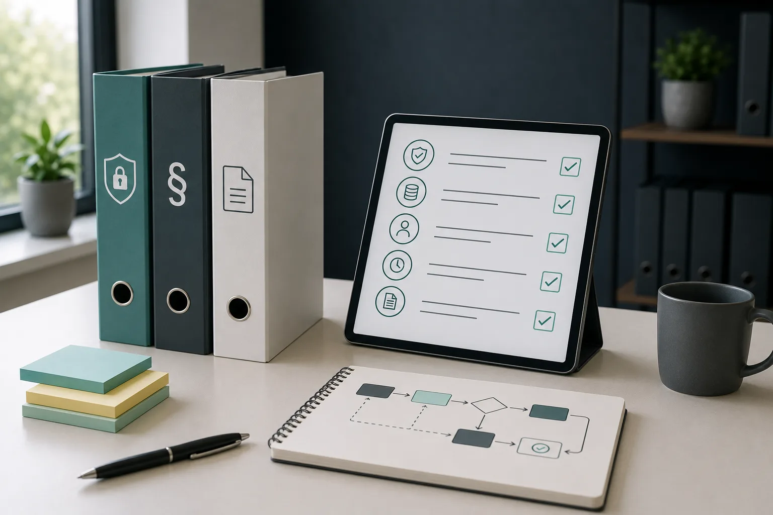 Ordner und digitale Checkliste nebeneinander – Sinnbild für Compliance-by-Design in digitalisierten Prozessen