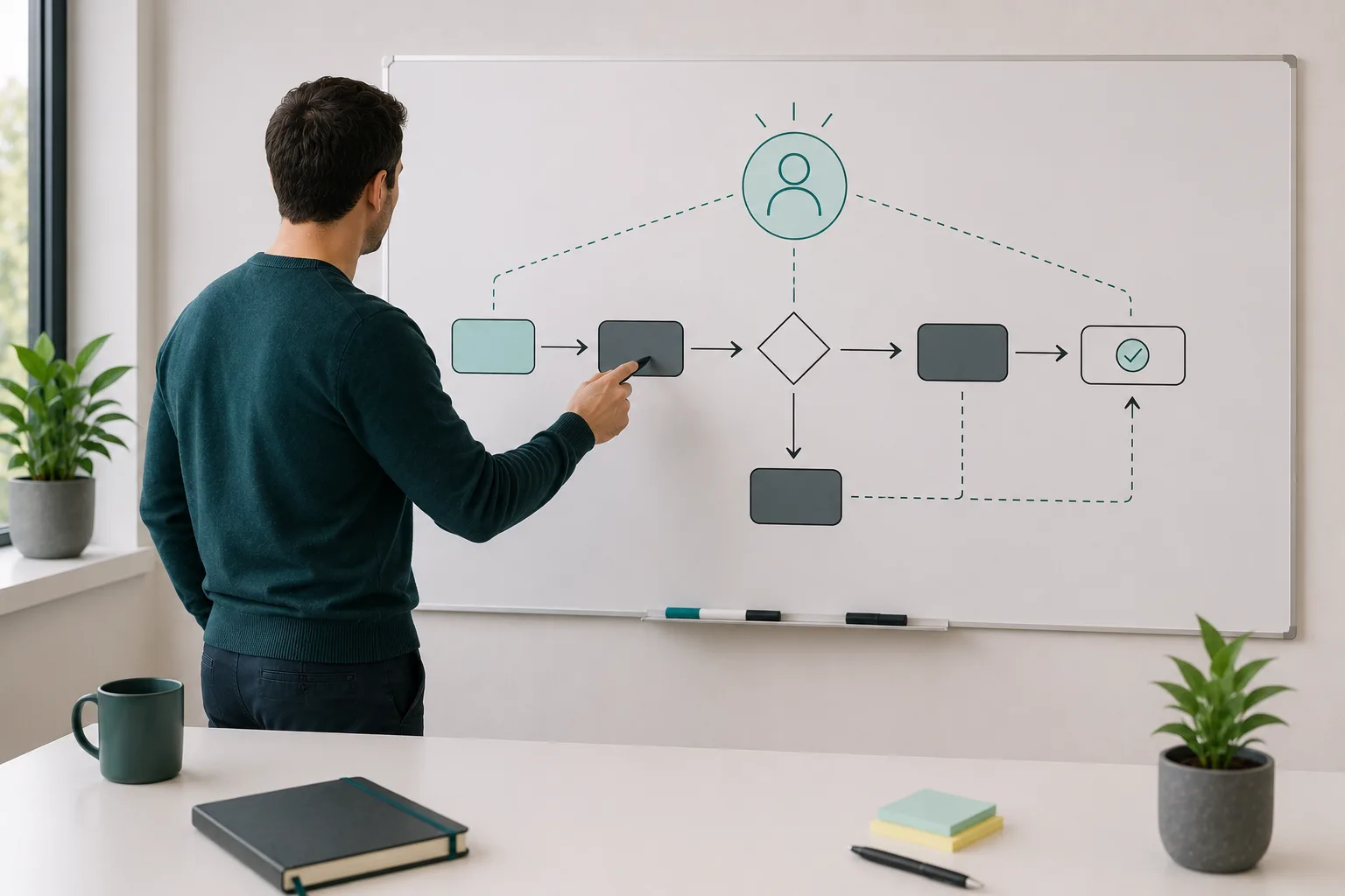 Eine Person steht vor einem Prozessdiagramm an einer Tafel – Sinnbild für Prozessverantwortung und klare Ownership