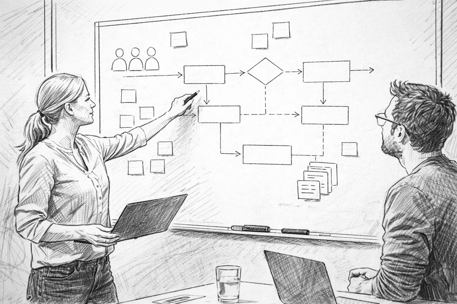 Zwei Softwareentwickler diskutieren einen Use Case an einem Whiteboard mit Prozessdiagrammen