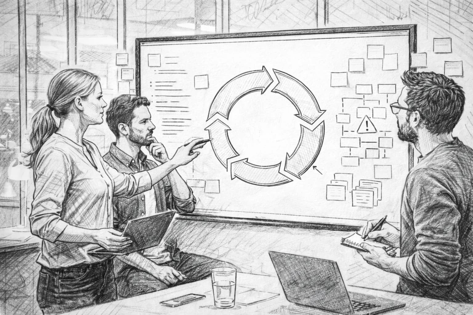 Team diskutiert Softwareanforderungen und Architekturdiagramme auf einem großen Bildschirm