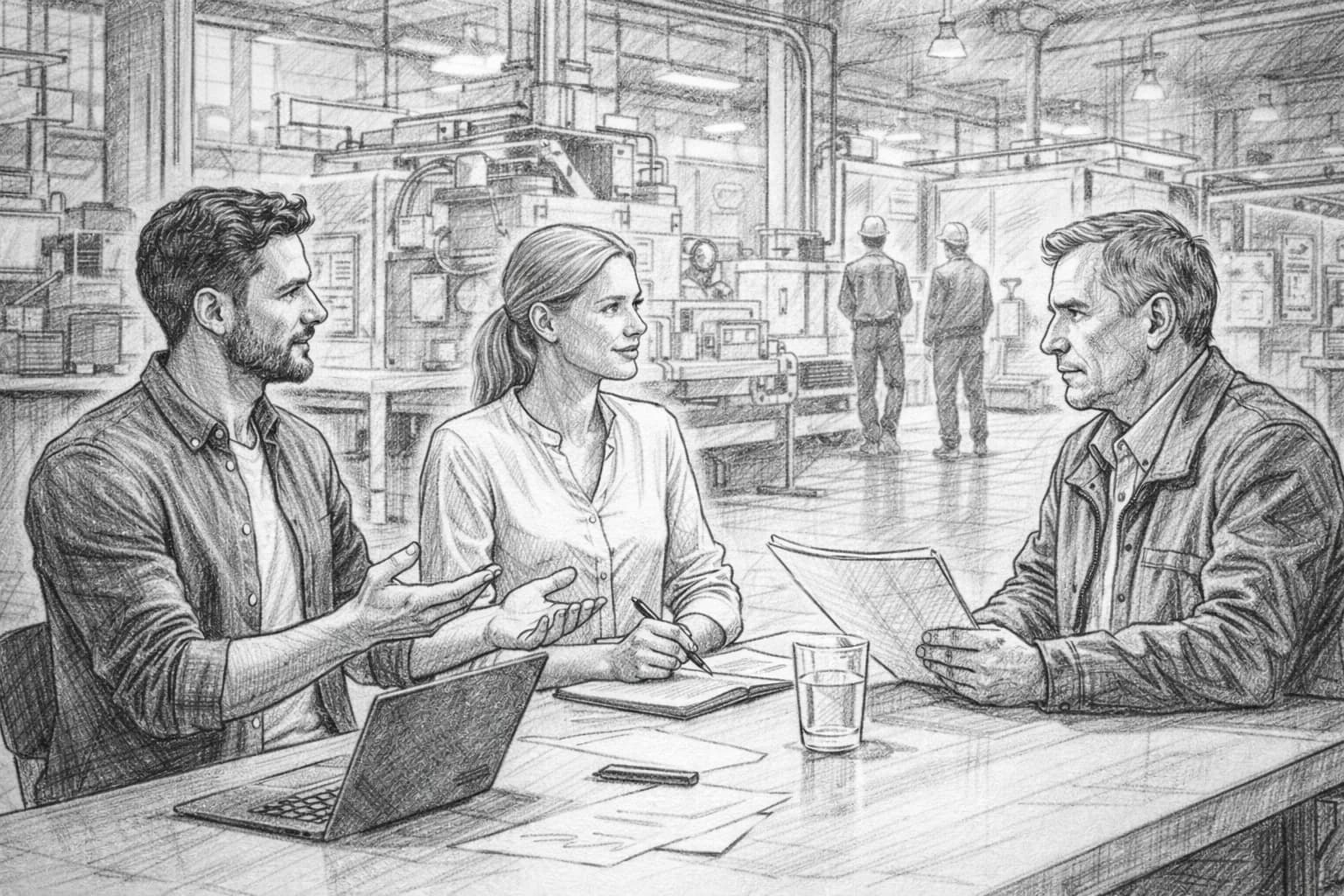 Softwareteam arbeitet mit KI-gestützten Tools an Prozessdiagrammen und Anforderungen