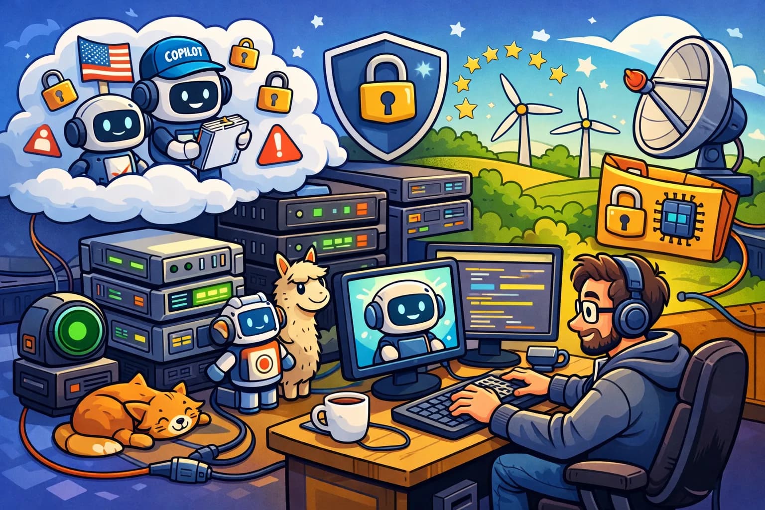 Entwickler arbeitet mit KI-Coding-Assistent auf lokaler Infrastruktur