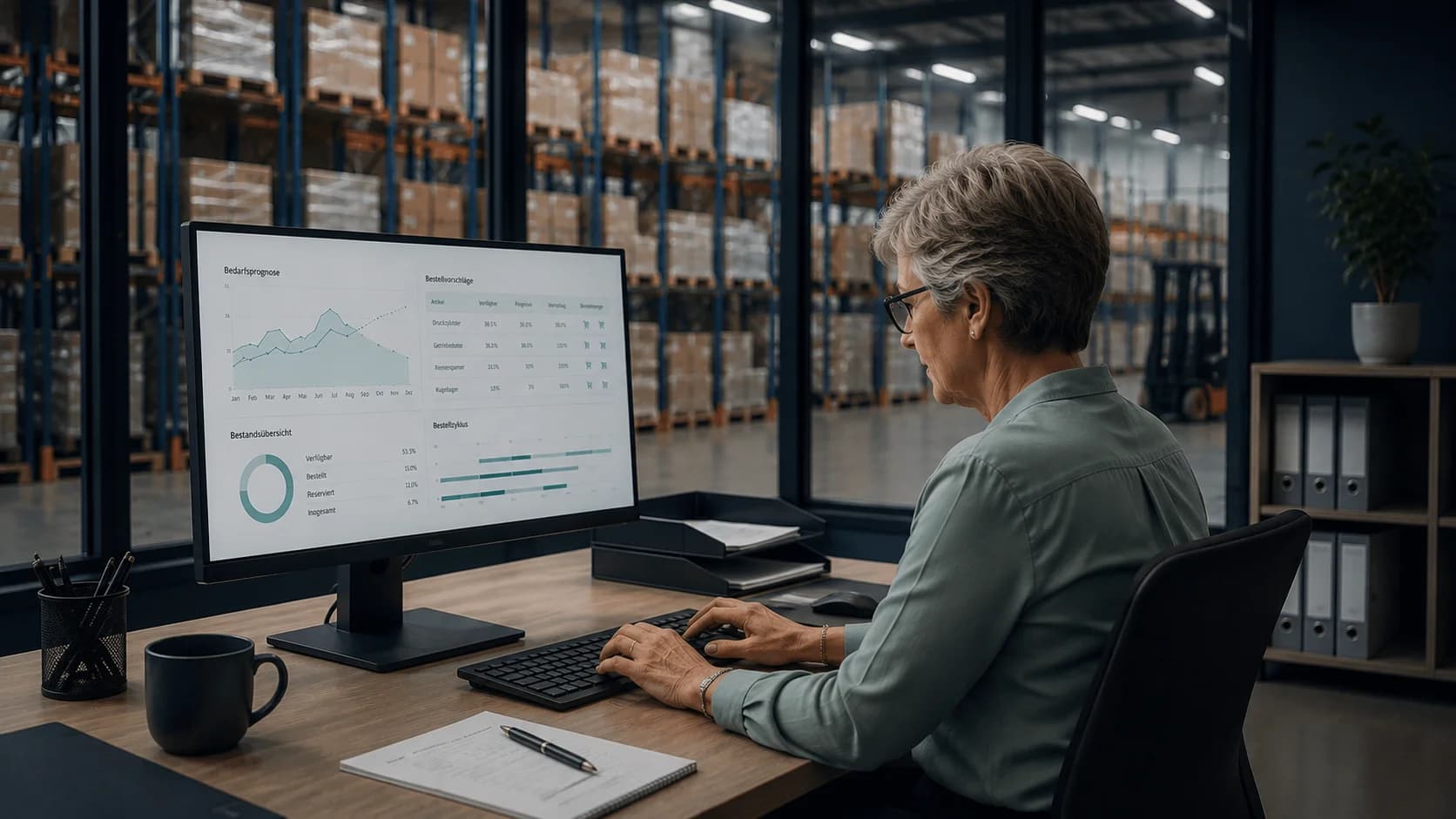 Purchasing and warehouse staff aligning order quantities on screen