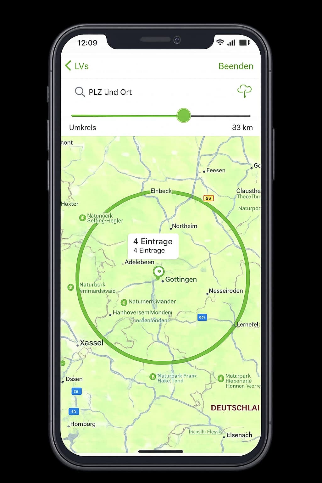 DATAflor app — radius search on the map