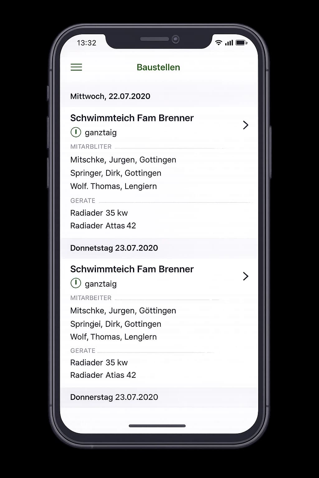 DATAflor app — site overview with staff and equipment