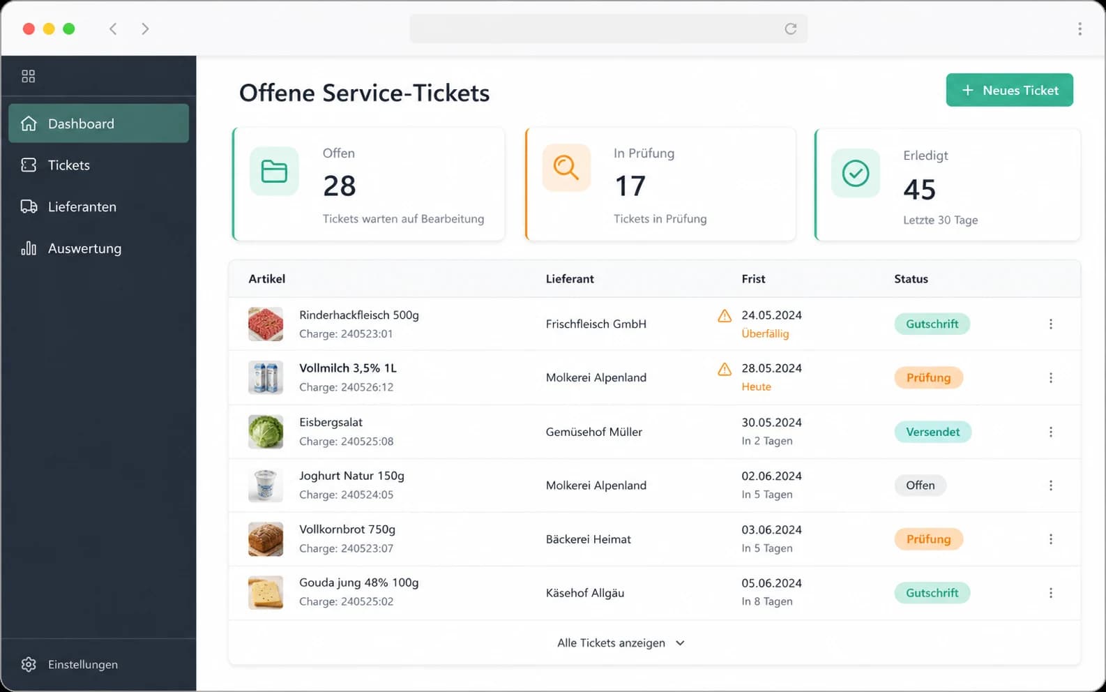 Service-Ticketing Dashboard mit offenen Tickets