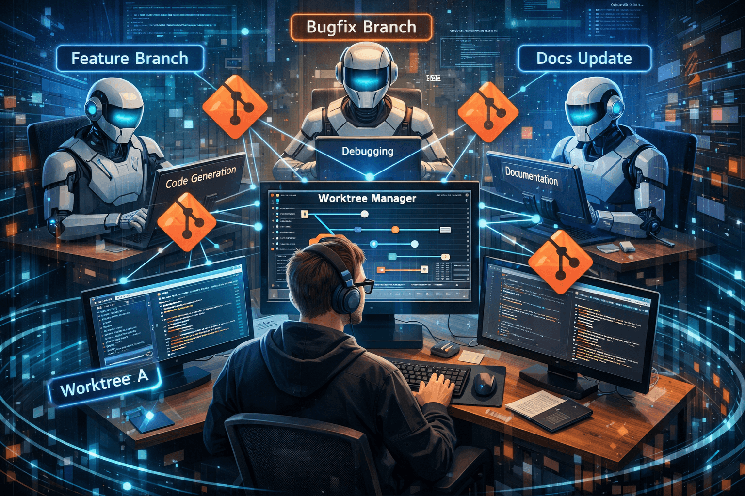 Entwicklung skalieren mit Git Worktrees und KI-Agenten Entwickler koordiniert mehrere KI-Agenten, die parallel in verschiedenen Git Worktrees arbeiten
