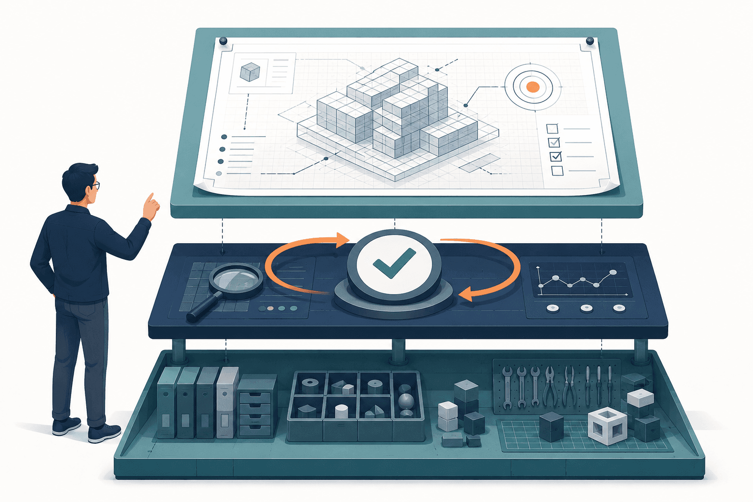 The Three Layers of Working With AI: Spec, Verifier, and Environment Three stacked layers representing a spec, a verification station, and a workshop environment for building with AI