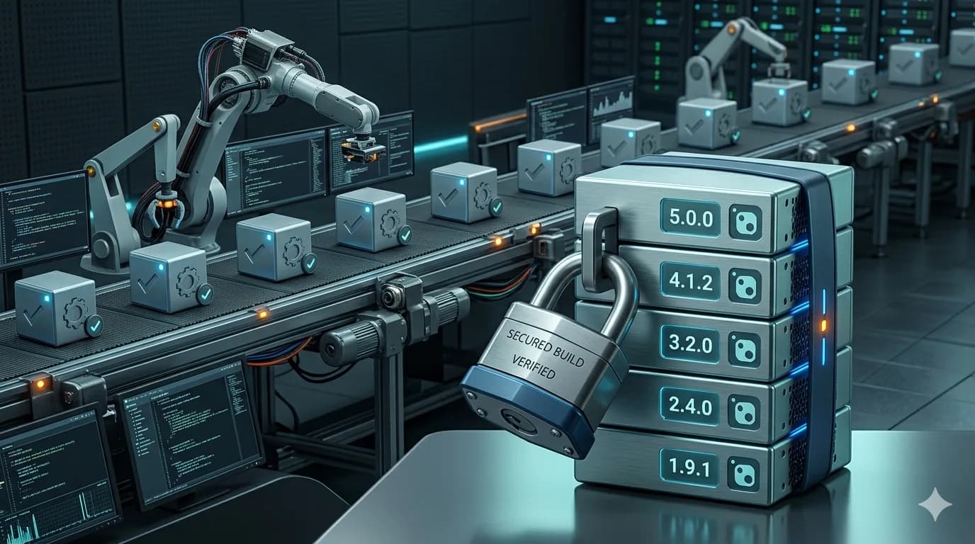 NuGet Version Locking: Warum dein Build nie vom Wochentag abhängen sollte Ein Vorhängeschloss versiegelt einen Stapel versionierter NuGet-Pakete, im Hintergrund eine CI-Pipeline, die identische Builds erzeugt