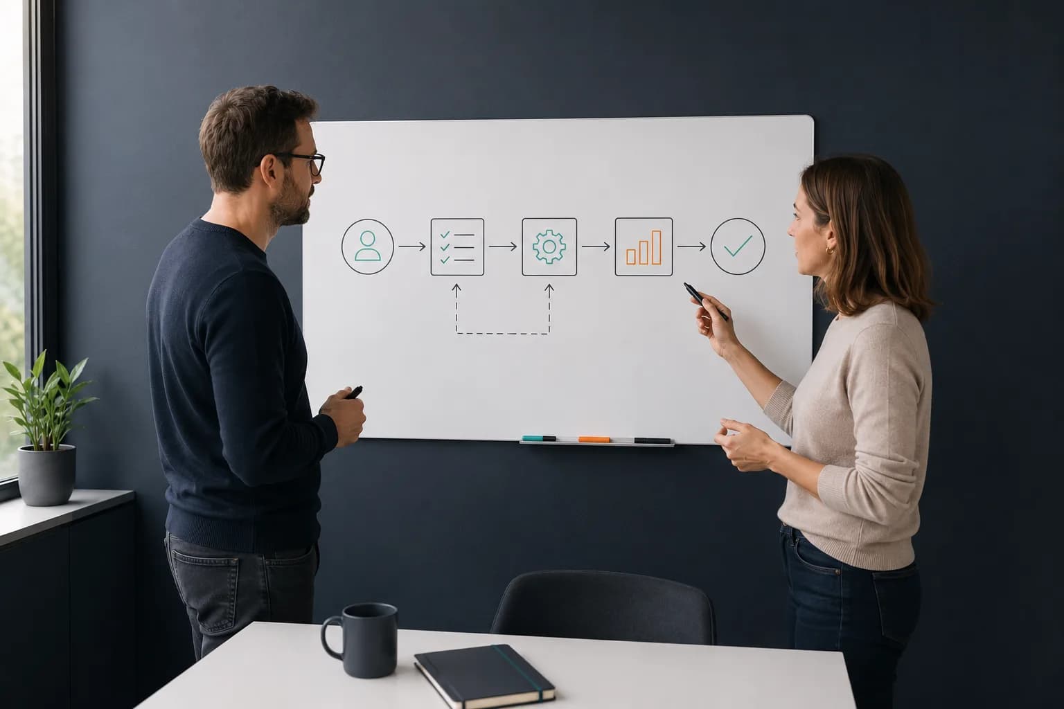 Ist Individualsoftware ein Risiko? Nur mit dem falschen Partner Zwei Personen an einem Tisch, die gemeinsam über einer Skizze eines Geschäftsprozesses arbeiten – Sinnbild für die enge Partnerschaft bei Individualsoftware