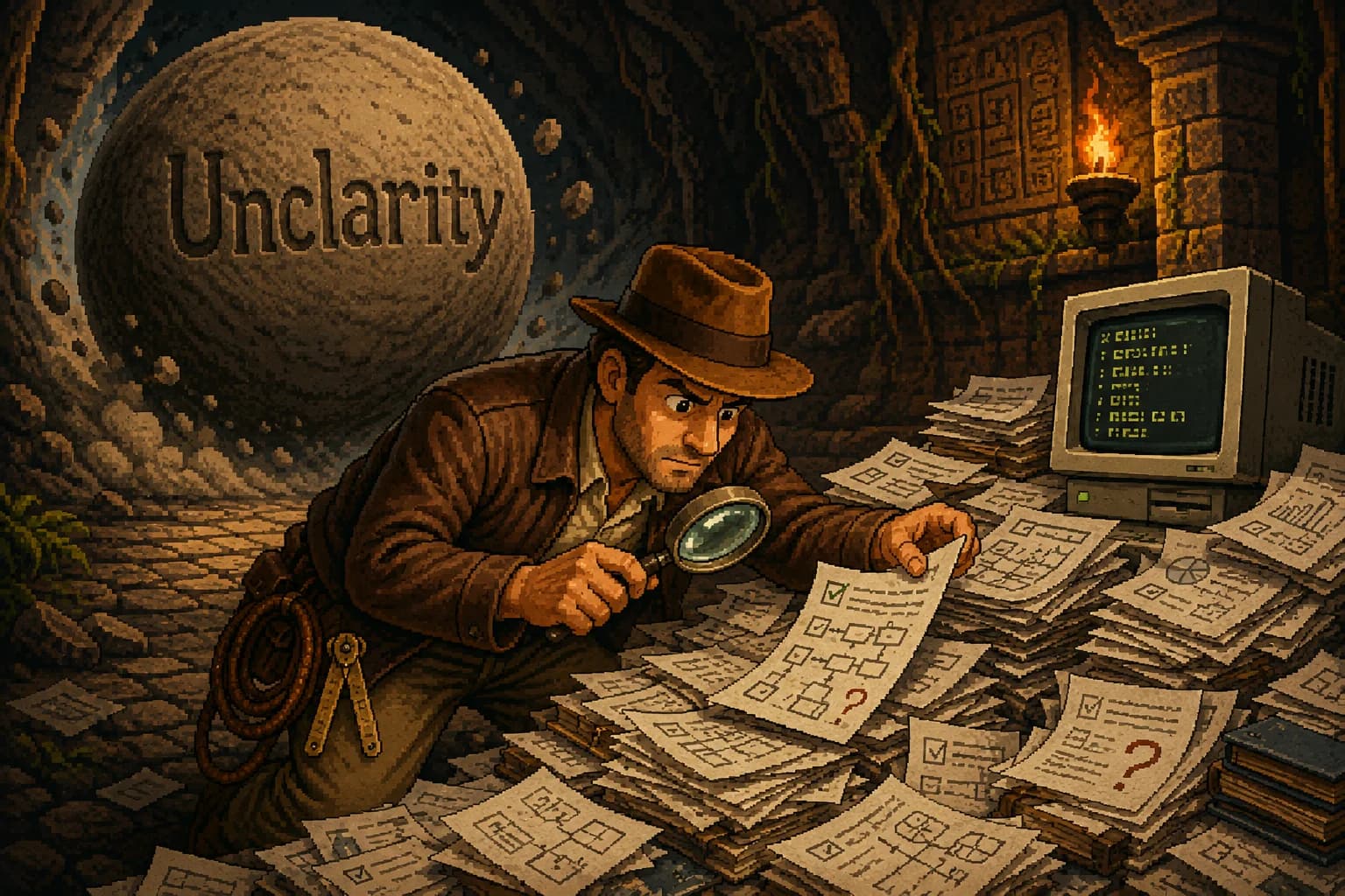 What Makes Software Good? Making Quality Requirements Measurable Pixel art scene – a researcher examining requirements documents with a magnifying glass while a giant boulder labeled "Unclarity" looms in the background