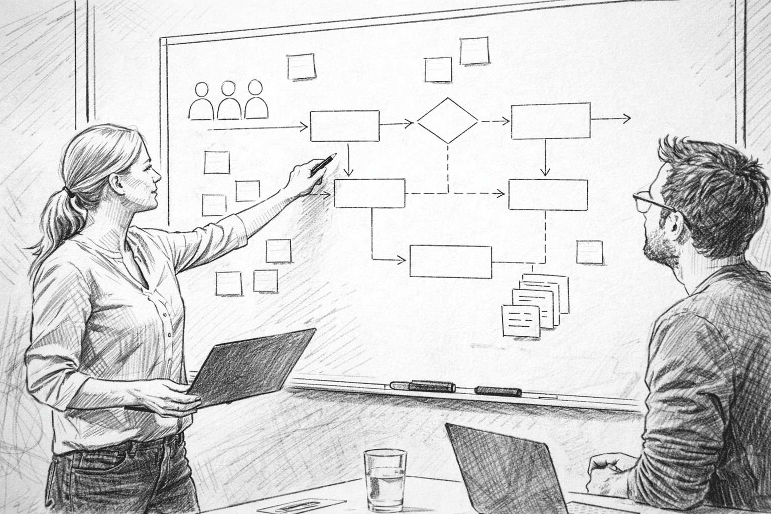 Requirements Engineering: Why Your Project Doesn't Fail Because of Technology Two software developers discussing a use case at a whiteboard with process diagrams