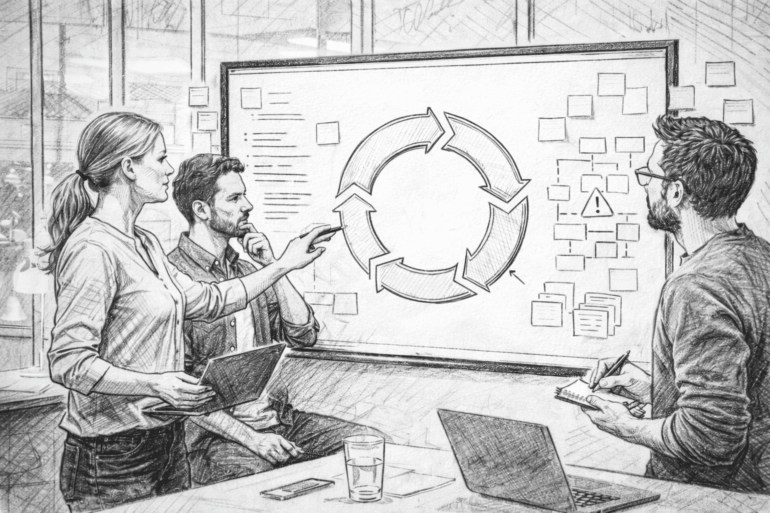 The Requirements Cycle: Why a One-Time Specification Doesn't Work Team discussing software requirements and architecture diagrams on a large screen
